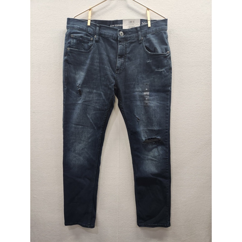 INC International Concepts Men's 34x31 Slim Straight Jeans Dark Distressed ~ NWT